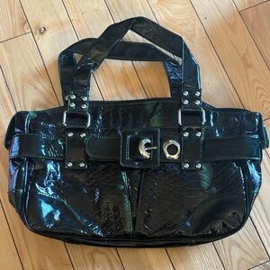 Y2K Chic Black and Green Patent Leather Shoulder Bag